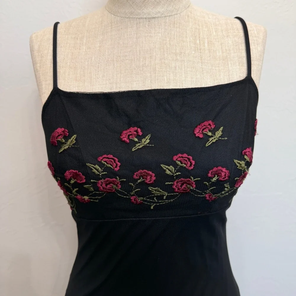 Vintage Monster Girl Medium Maxi Dress Black Rose Floral Mesh Overlay 90s Goth